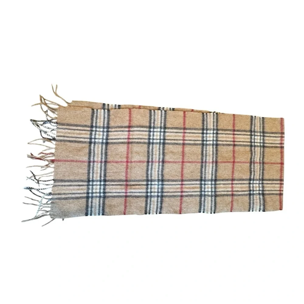 Joseph Abboud 100% Cashmere 55” Long Tan Multicolor Plaid Fringe Scarf I16